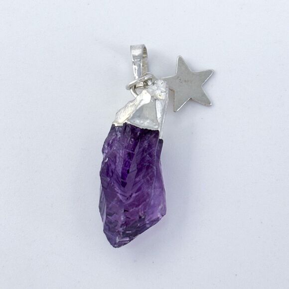 Vintage Silver-Tone Star Charm Amethyst Raw Crystal Pendant - Picture 4 of 6